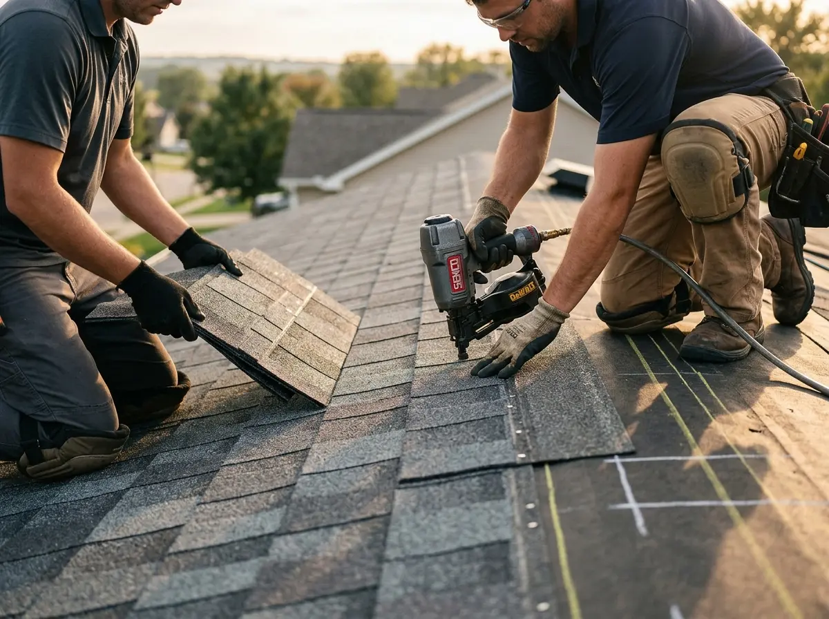 Professional roofer working on a residential roof in Pahrump